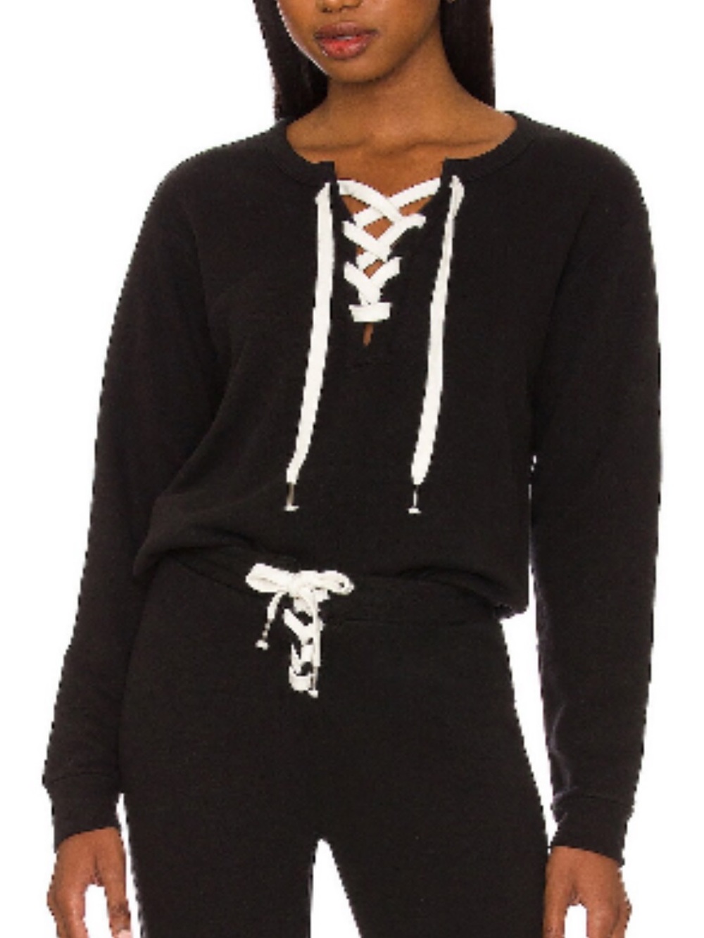 Black Lace-Up Sweatshirt with White Drawstring